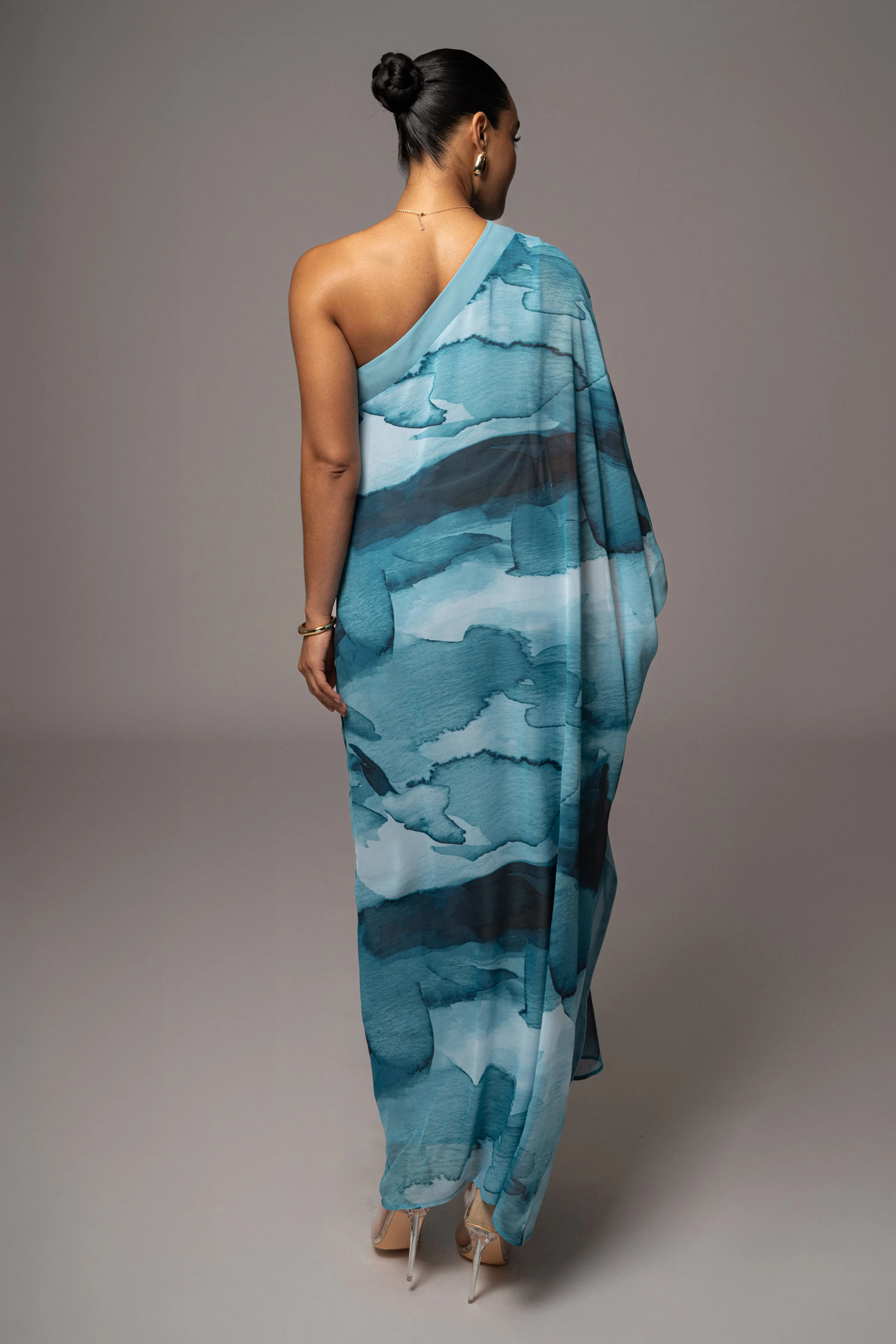 Blue Abstract Mariel One Shoulder Maxi Dress