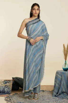 BLUE BOHO STRIPE PRINT ONE SHOULDER SAREE WITH PANTS