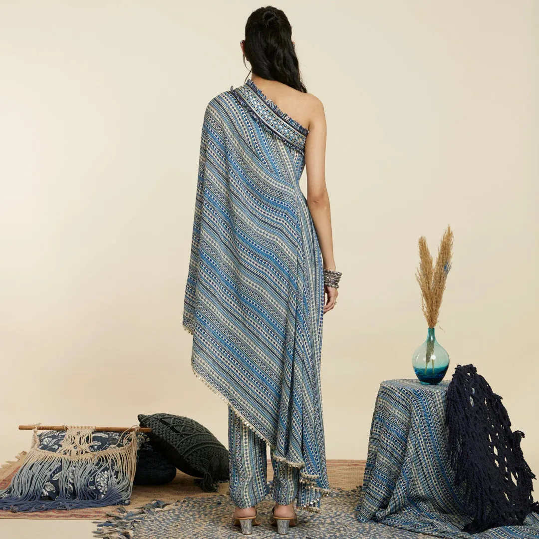 BLUE BOHO STRIPE PRINT ONE SHOULDER SAREE WITH PANTS