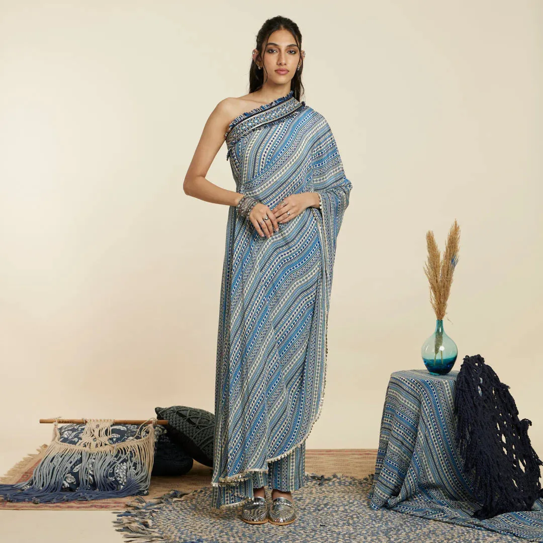 BLUE BOHO STRIPE PRINT ONE SHOULDER SAREE WITH PANTS