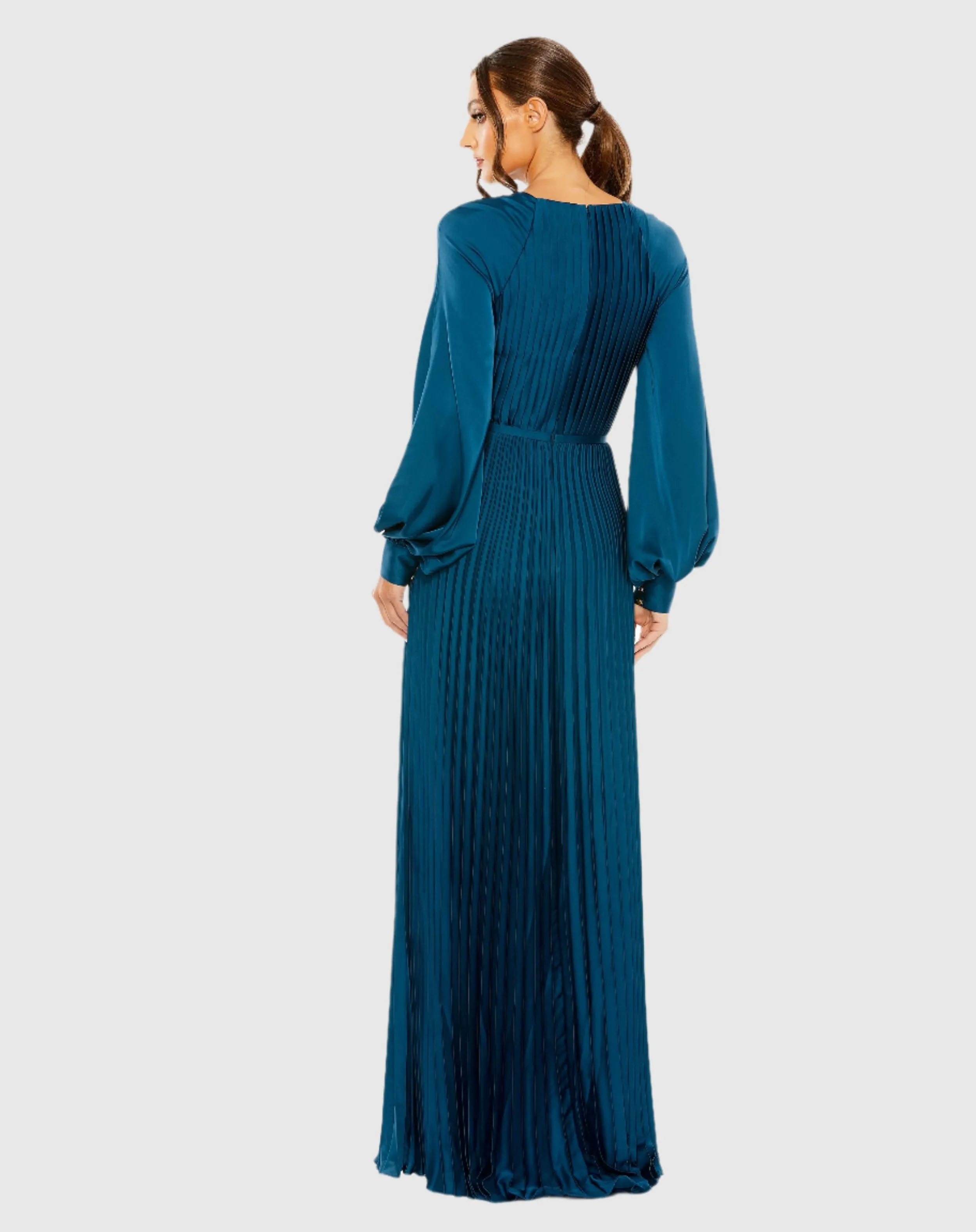 Blue Pleated High Neck Raglan Long Sleeve Side Slit Gown