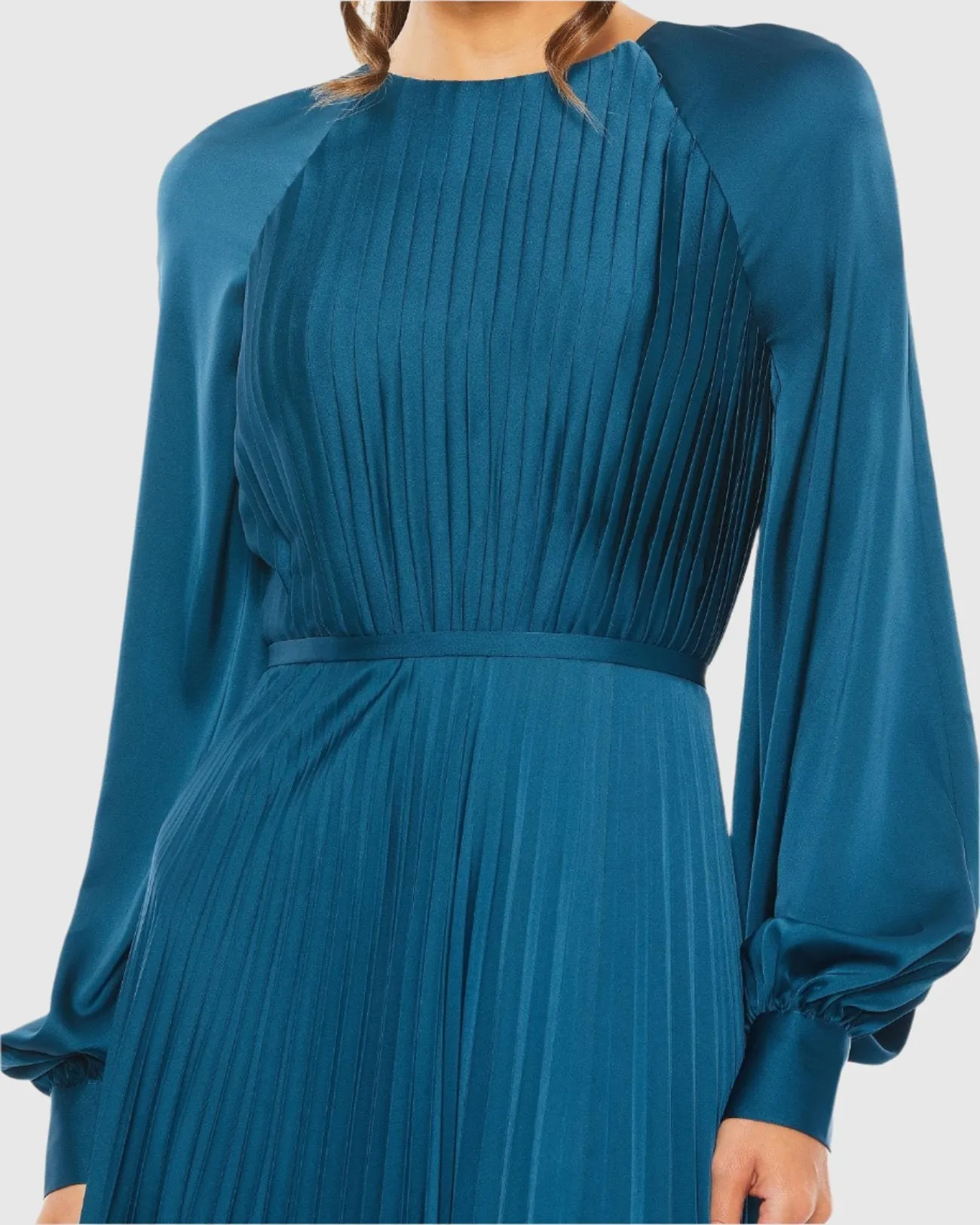 Blue Pleated High Neck Raglan Long Sleeve Side Slit Gown