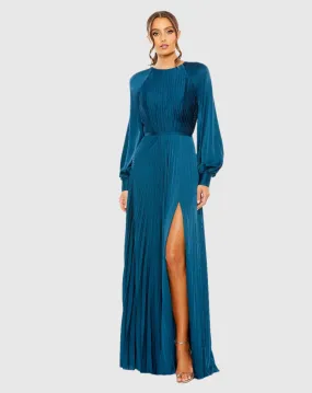 Blue Pleated High Neck Raglan Long Sleeve Side Slit Gown