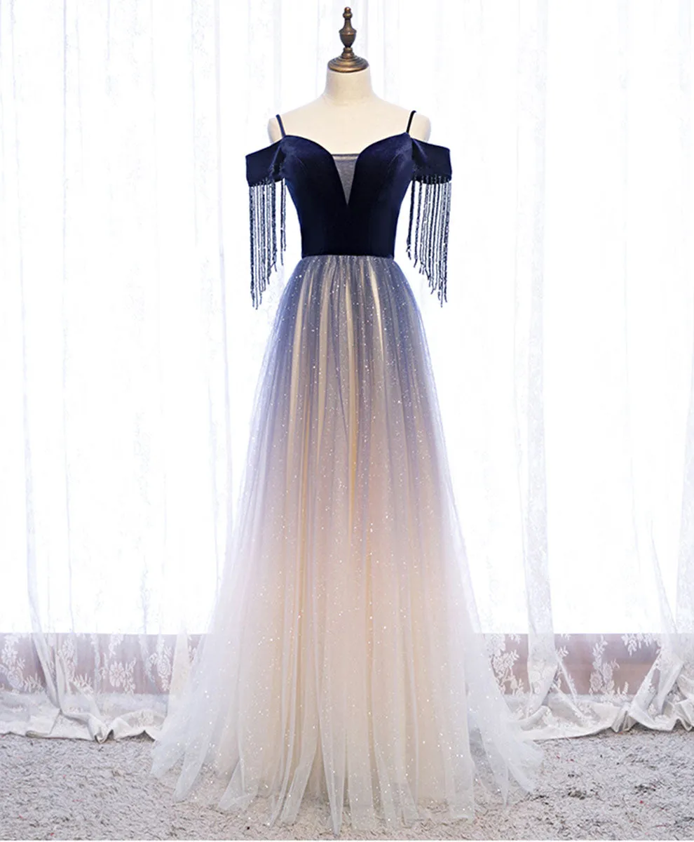 Blue Tulle Long Prom Dress Blue Tulle Formal Dress with Beading Velvet