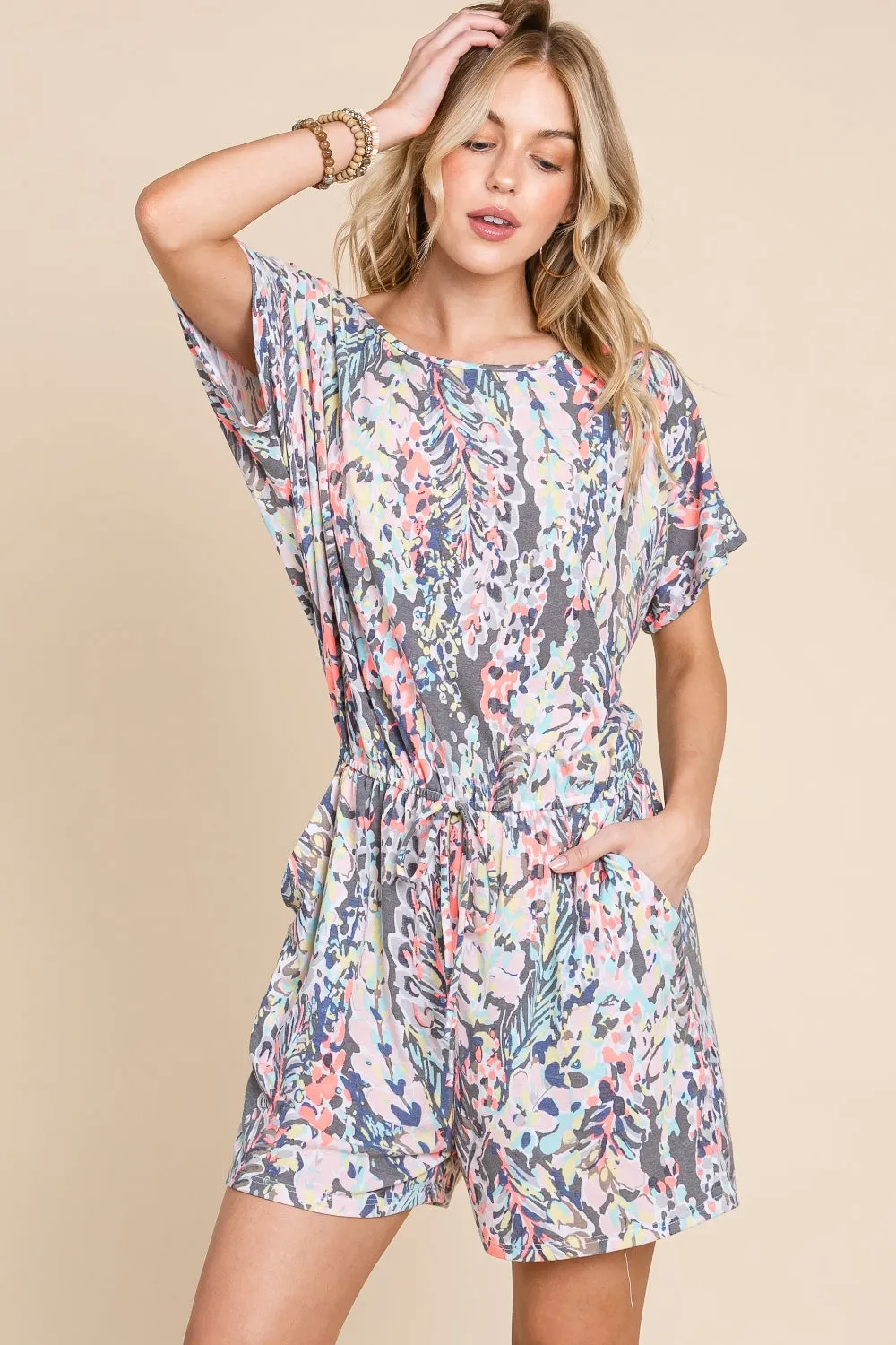 Blue Zone Planet |  BOMBOM Printed Short Sleeve Drawstring Romper