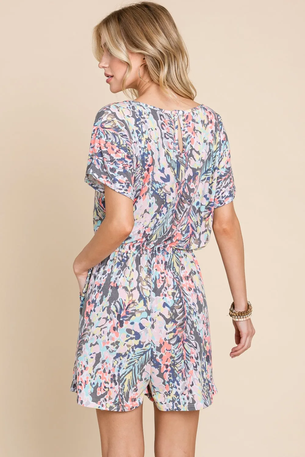 Blue Zone Planet |  BOMBOM Printed Short Sleeve Drawstring Romper