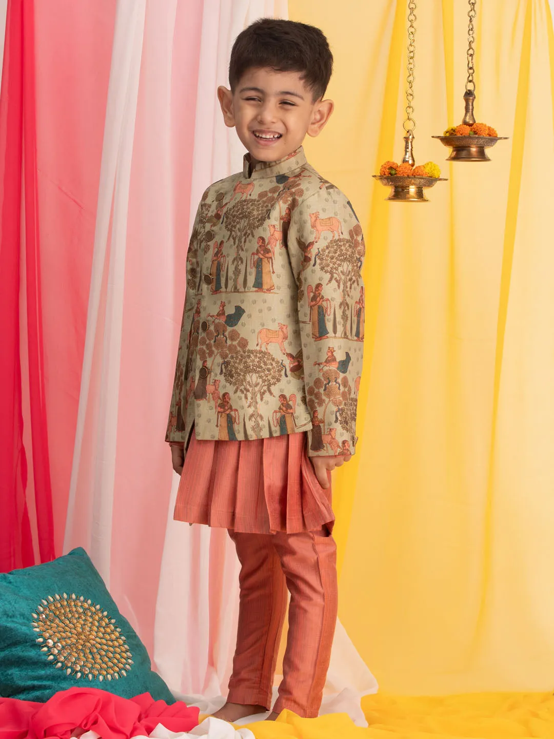 Boy's Green And Pink Ethnic Combo Set - Vastramay Boys