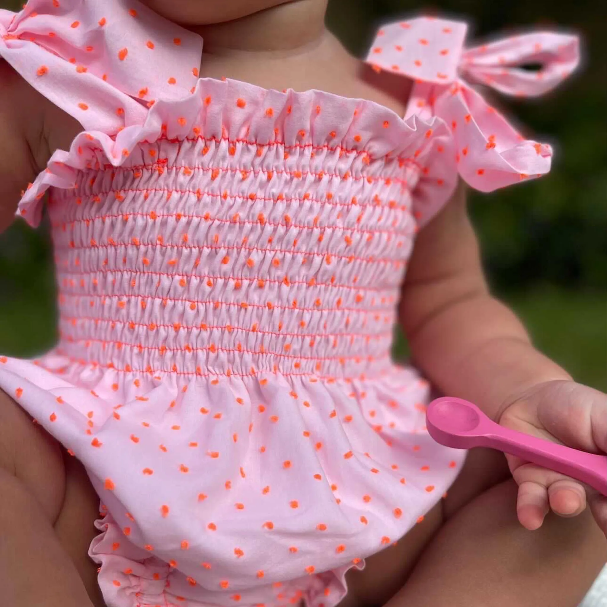 Bubblegum Plumeti Tie Shoulder Romper (3M)