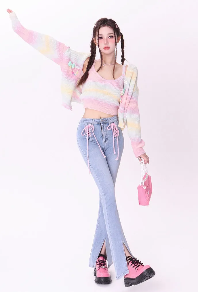 Bubblegum Rainbow Gradient Color Knit Cardigan Sling Short Camisole Cardigan Two Piece Set