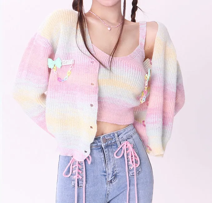 Bubblegum Rainbow Gradient Color Knit Cardigan Sling Short Camisole Cardigan Two Piece Set