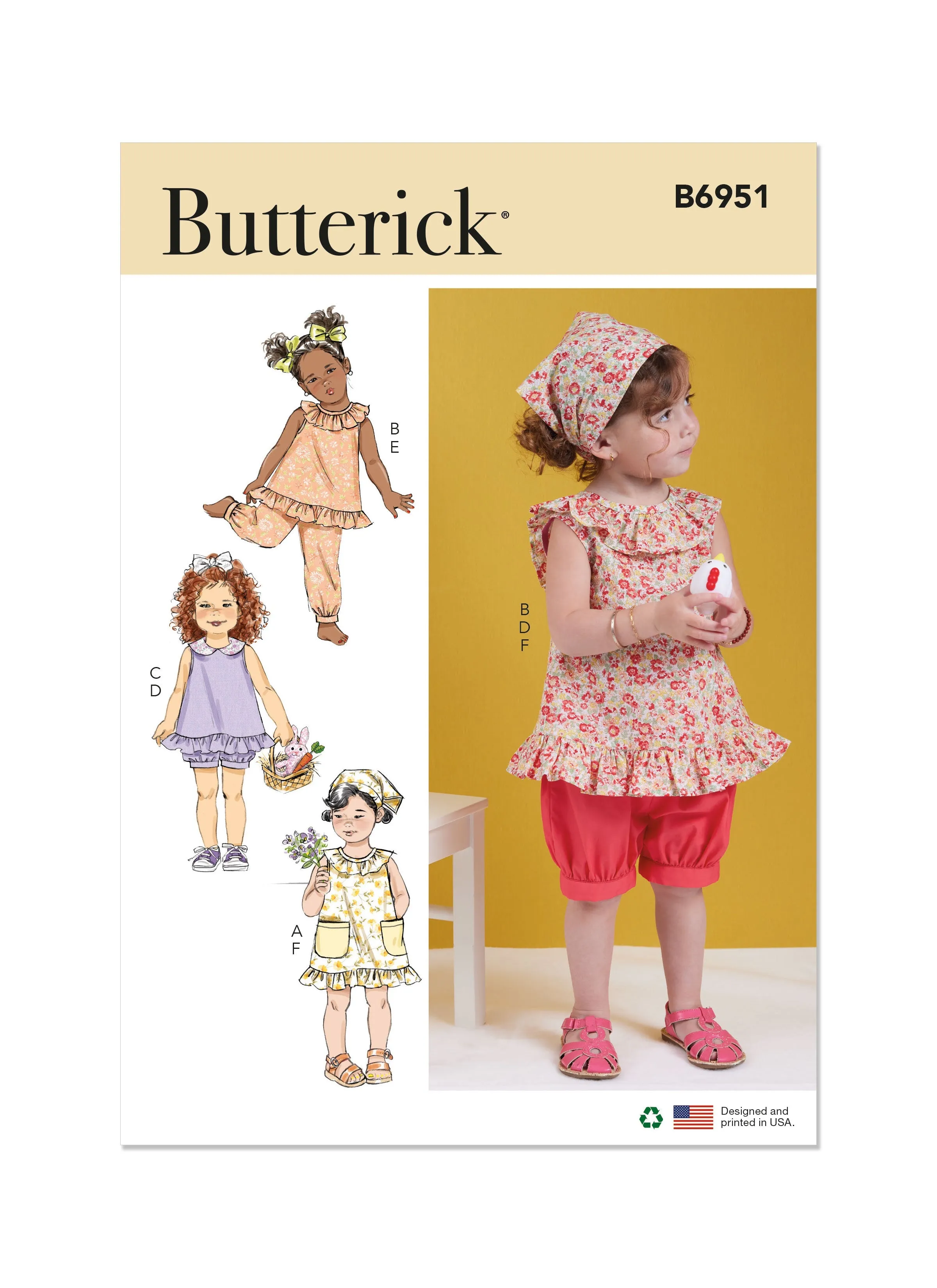 Butterick sewing pattern 6951 Toddlers' Dress, Tops, Shorts, Pants and Kerchief