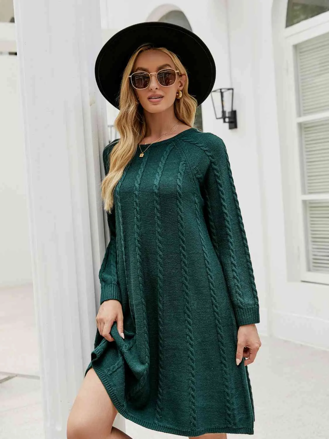 Cable-Knit Long Sleeve Sweater Dress