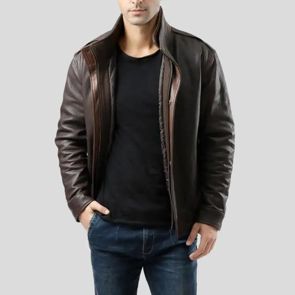 Check Brown Bomber Leather Jacket for Men