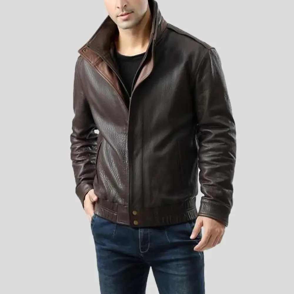 Check Brown Bomber Leather Jacket for Men