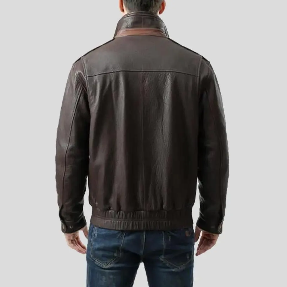 Check Brown Bomber Leather Jacket for Men