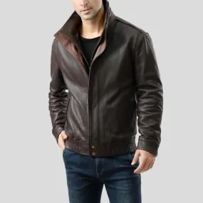 Check Brown Bomber Leather Jacket for Men