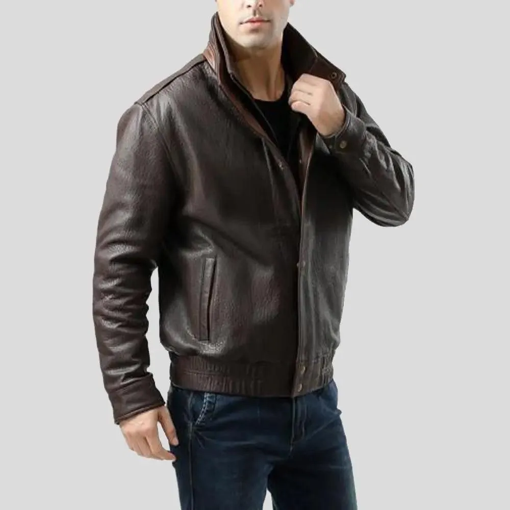 Check Brown Bomber Leather Jacket for Men