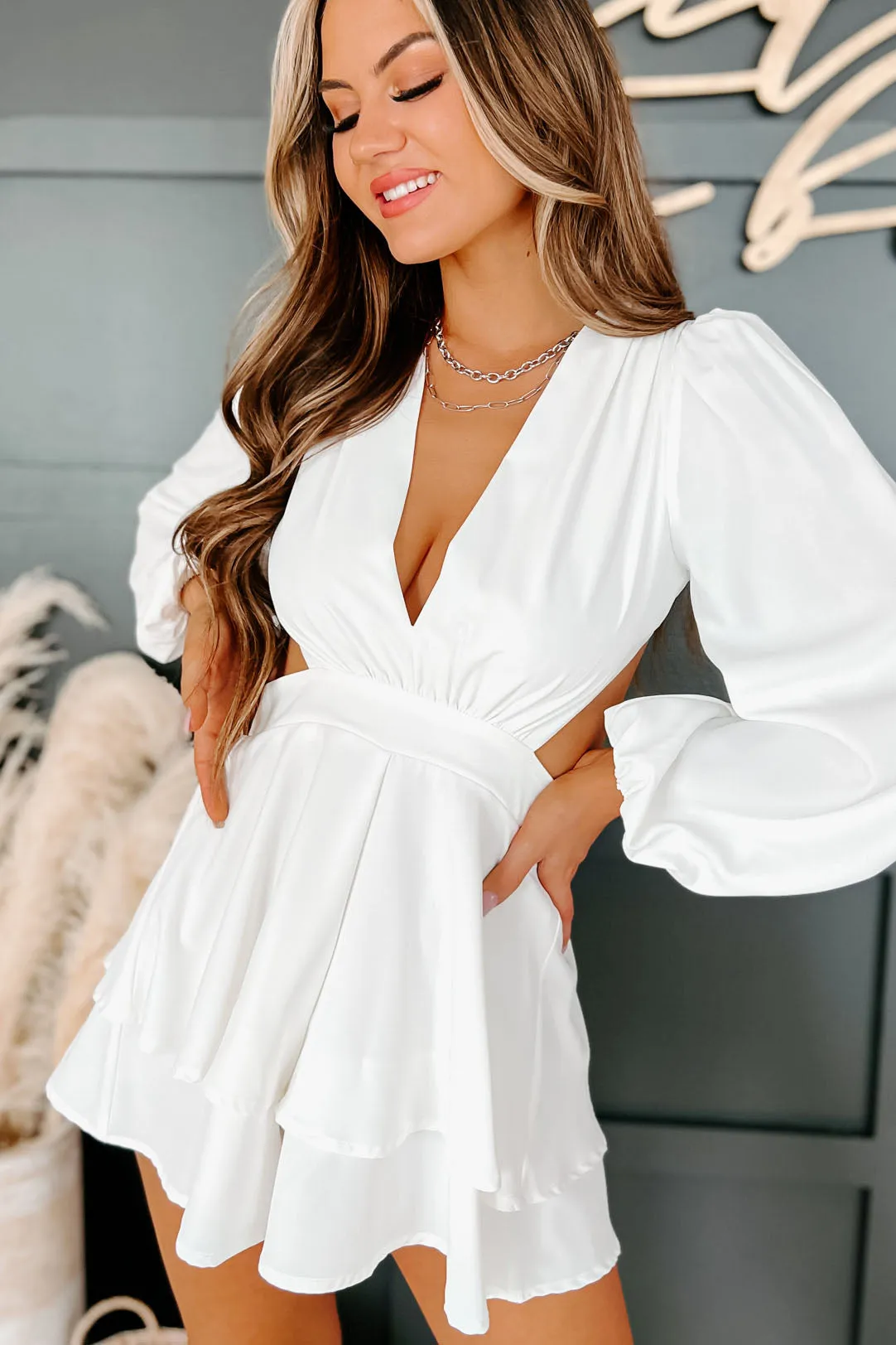 Checkbook Please Long Sleeve Open Back Romper (Off White)