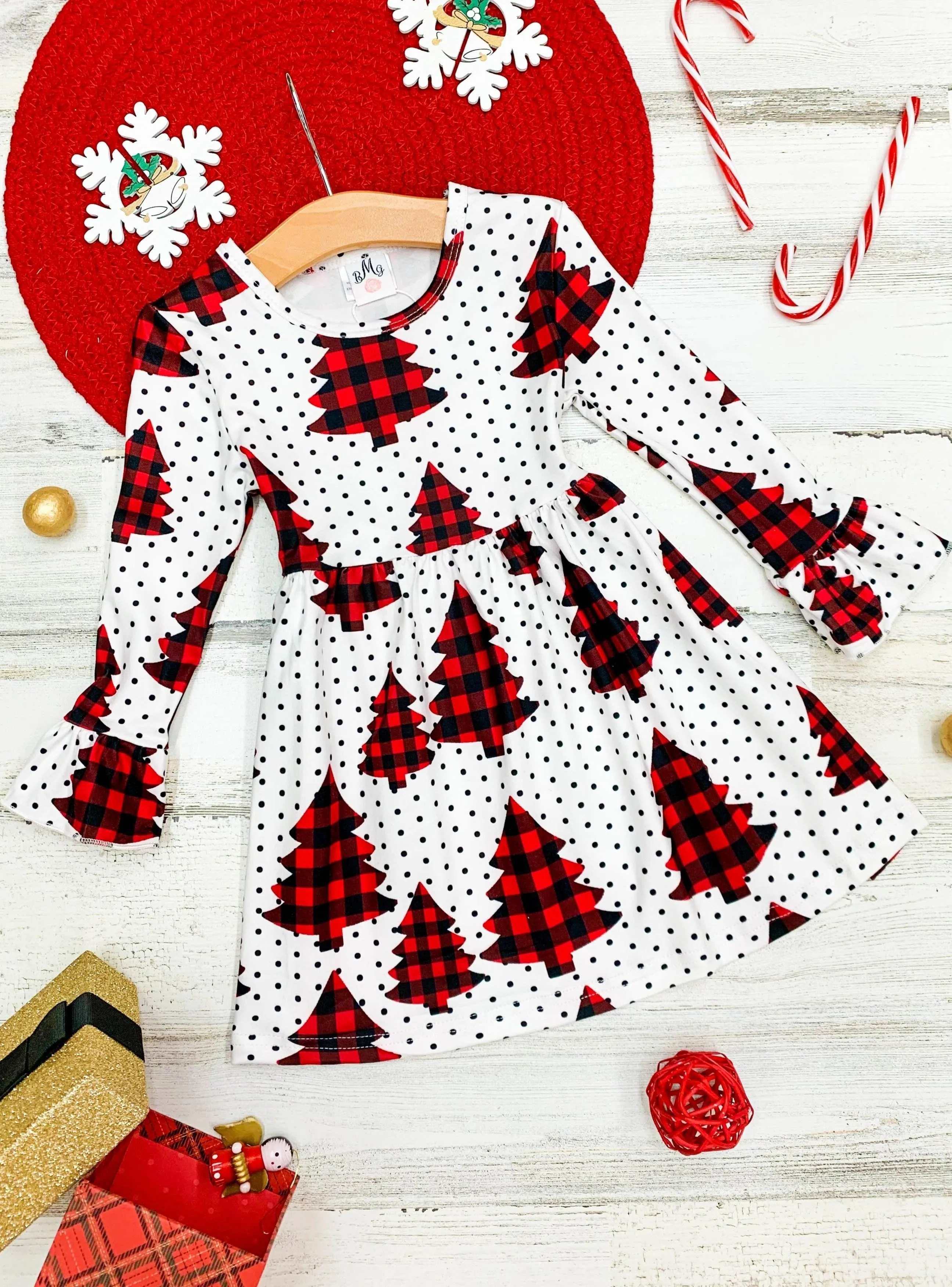 Christmas Tree Shopping Plaid Polka Dot Dress