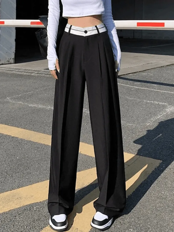 Contrast Waist Pleated Tailored Pants