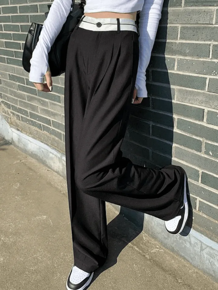 Contrast Waist Pleated Tailored Pants