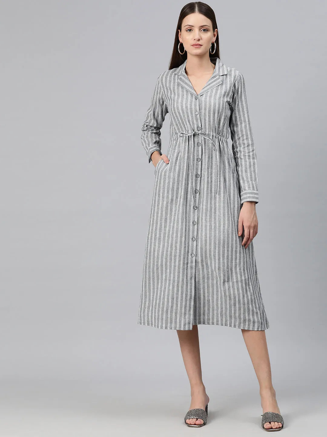 Cottinfab Women Striped Shirt Midi Dress with Tie-Up Detail