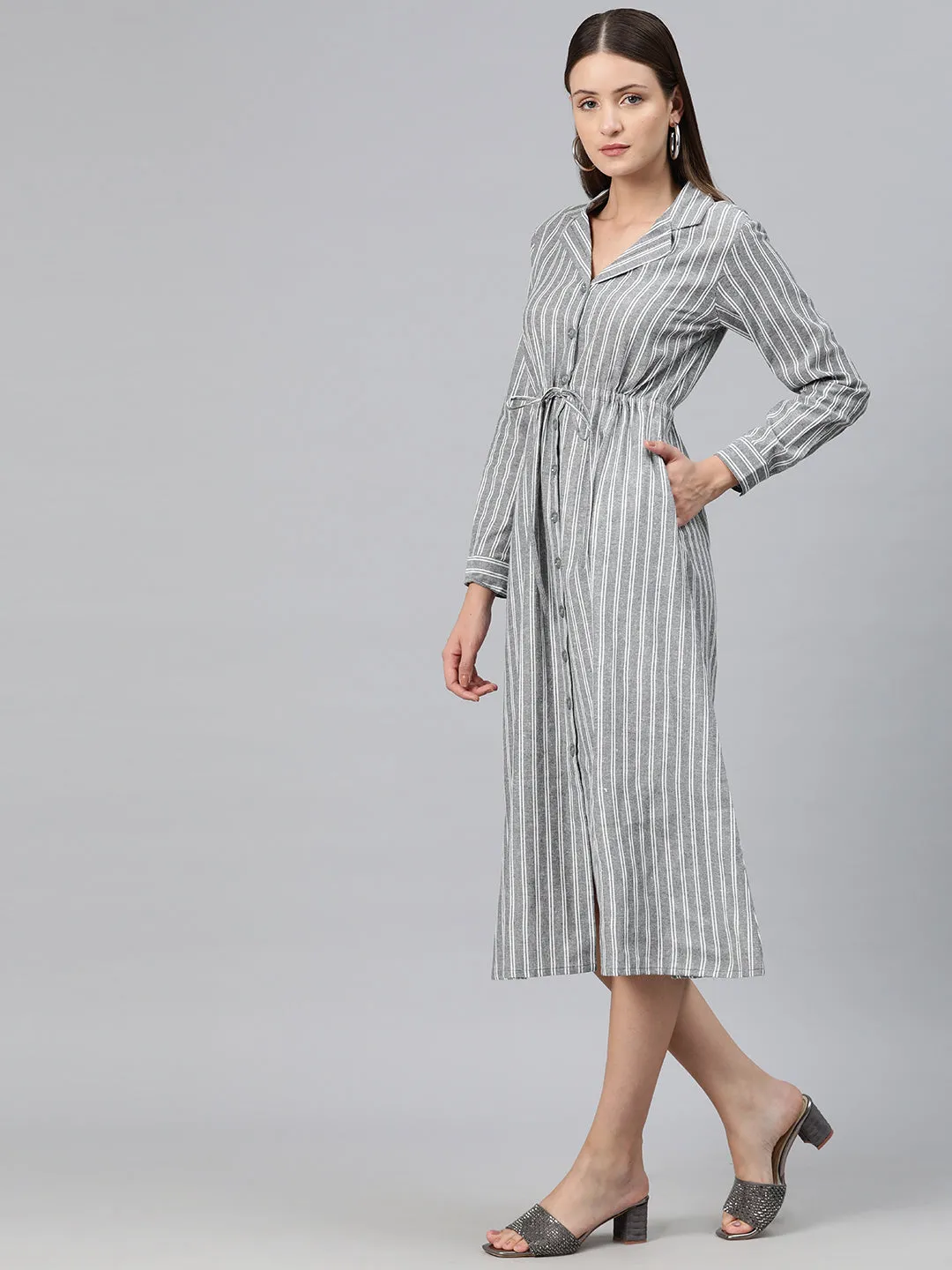 Cottinfab Women Striped Shirt Midi Dress with Tie-Up Detail