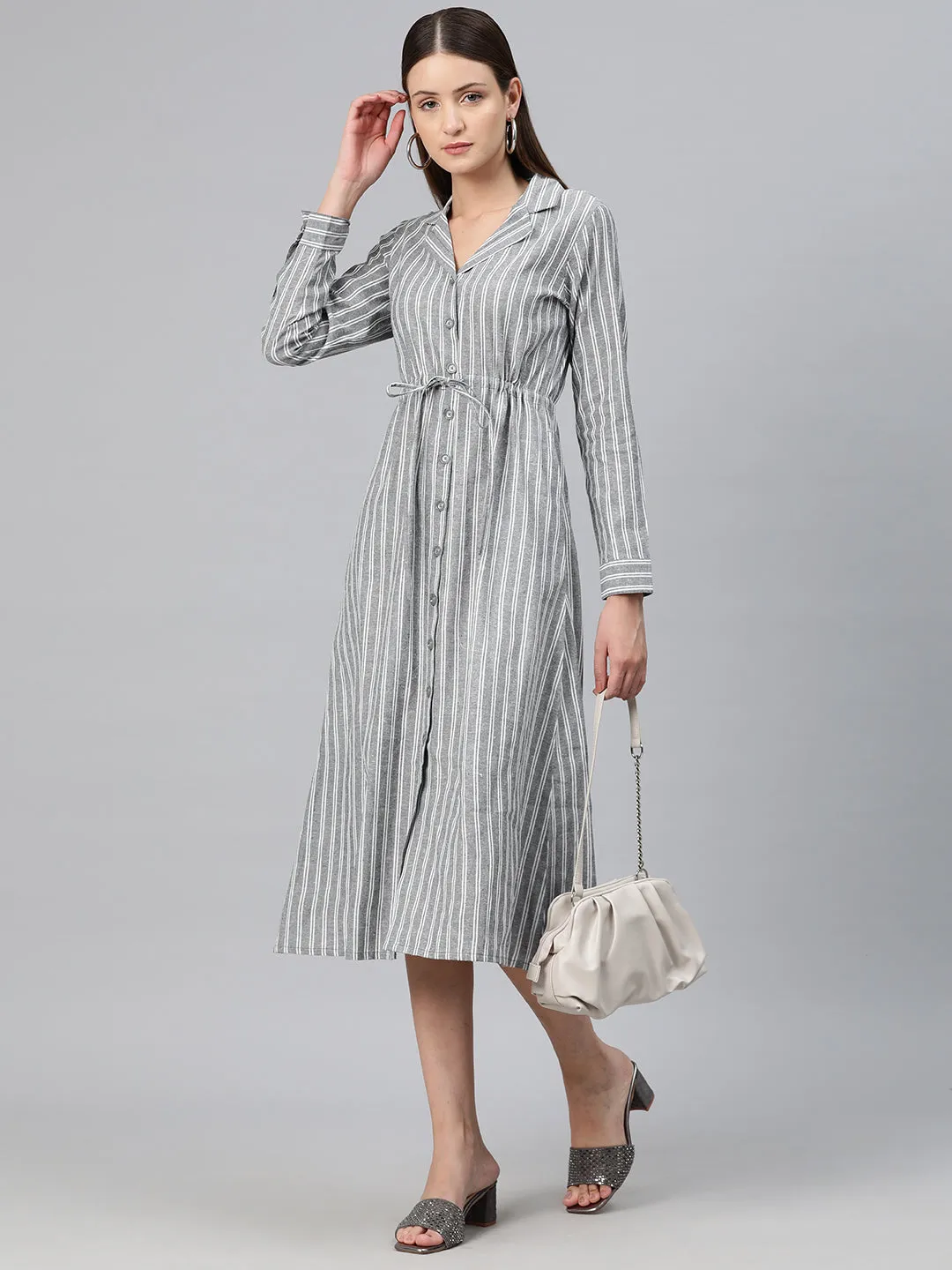 Cottinfab Women Striped Shirt Midi Dress with Tie-Up Detail