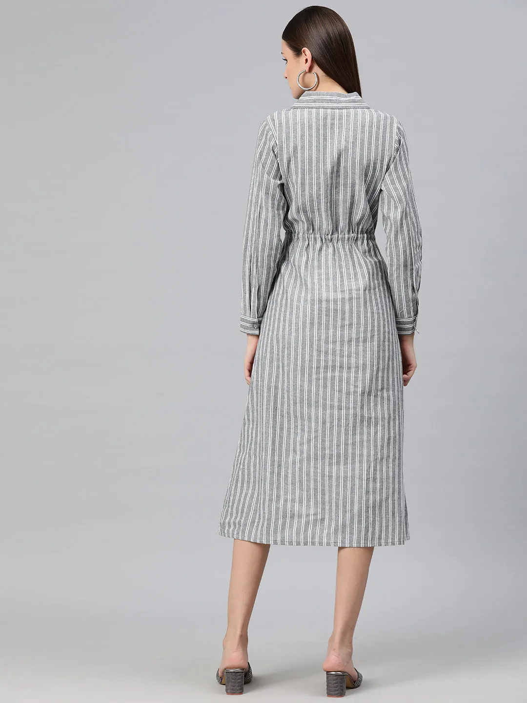 Cottinfab Women Striped Shirt Midi Dress with Tie-Up Detail