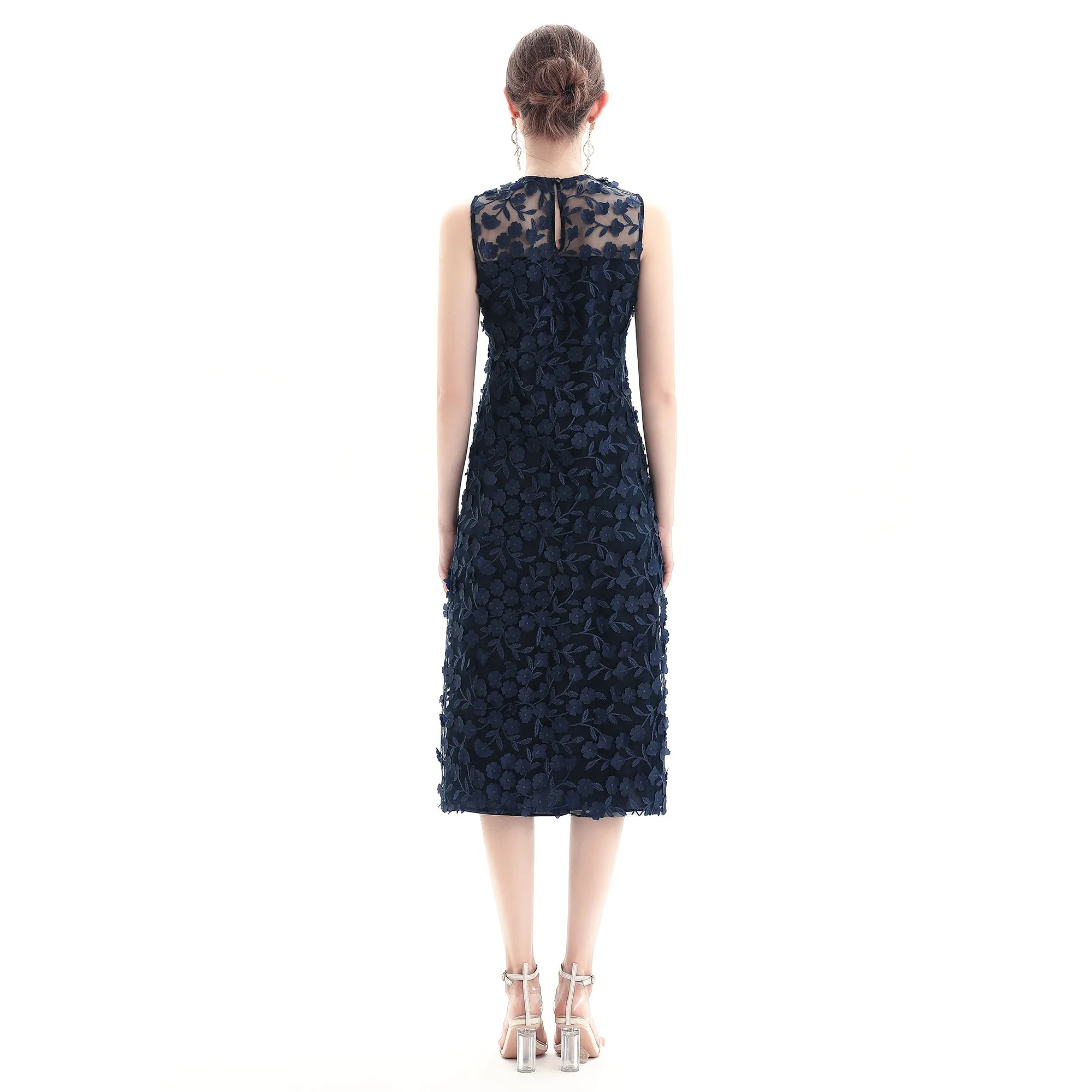 D117 Women 3D flower embroidered tulle sleeveless straight-cut party midi dress