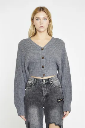 Dark-Grey Marl Button Front Crop-Cardigan