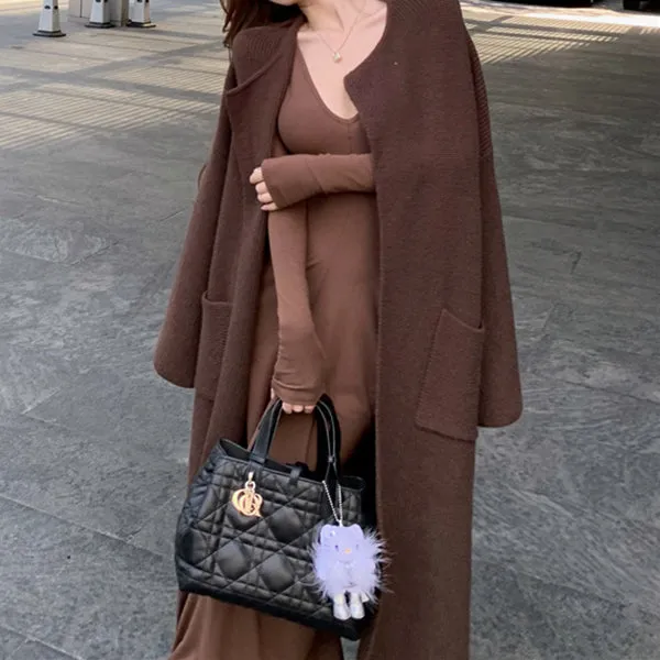 Deep V-Neck Pile Pleated Dress Lapel Cardigan Sweater Coat