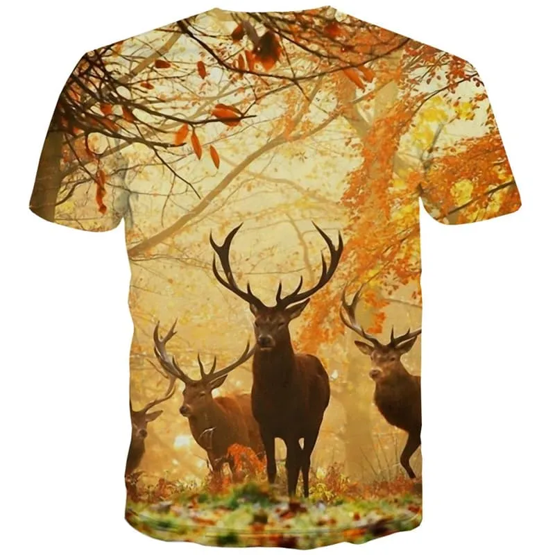 Deer T-shirt Men Animal T shirts Funny Tree Tshirts Novelty Forest Shirt Print