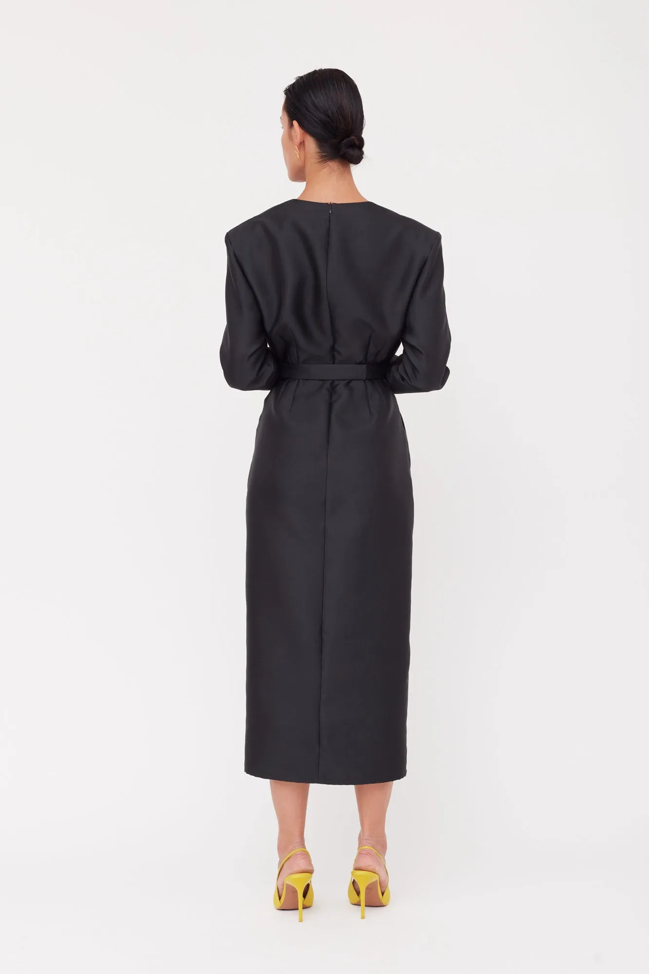 DEMA Black Shoulder Pad Midi Dress