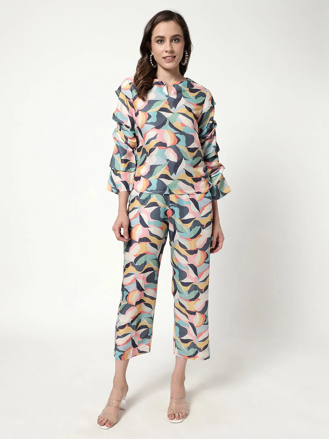 Digital Printed Pleated Top With Pant Set