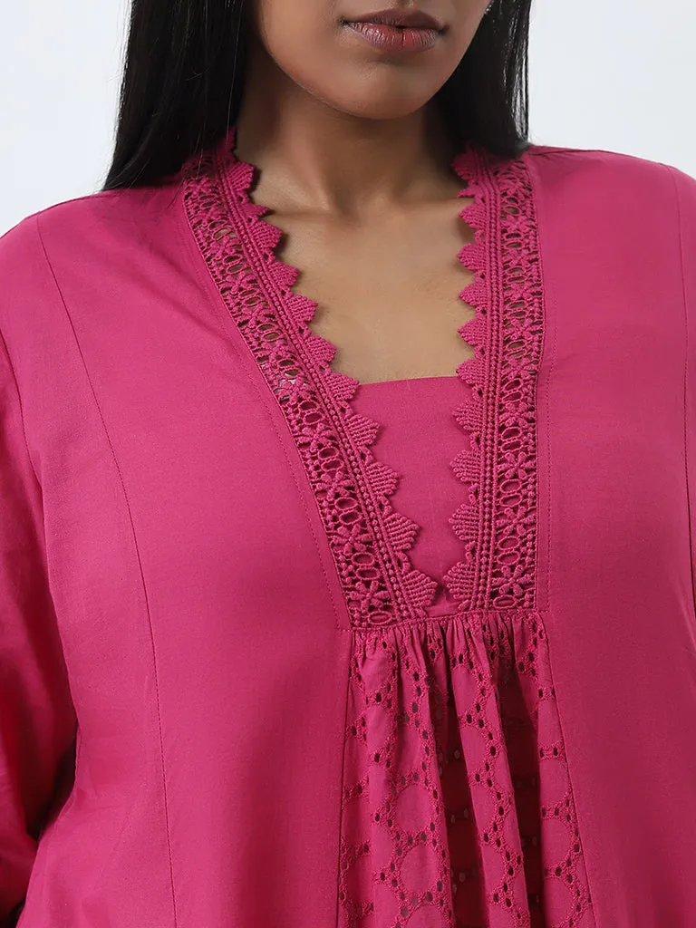 Diza Pink Schiffli Design A-Line Cotton Kurta