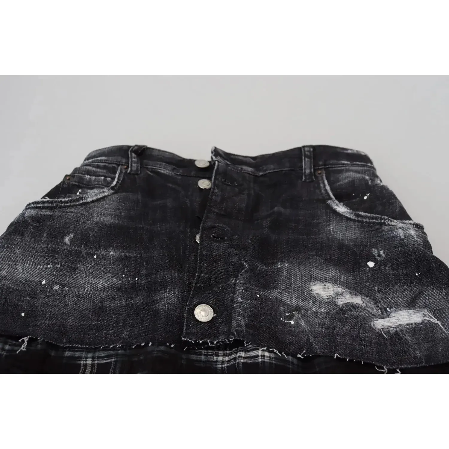 Dsquared² Black Checkered High Waist A-line Denim Mini Skirt