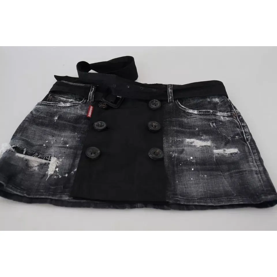 Dsquared² Black Distressed Mid Waist A-line Denim Mini Skirt