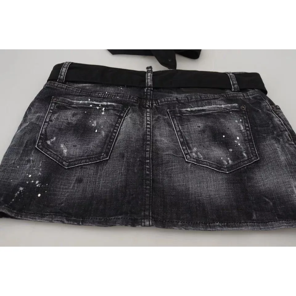 Dsquared² Black Distressed Mid Waist A-line Denim Mini Skirt