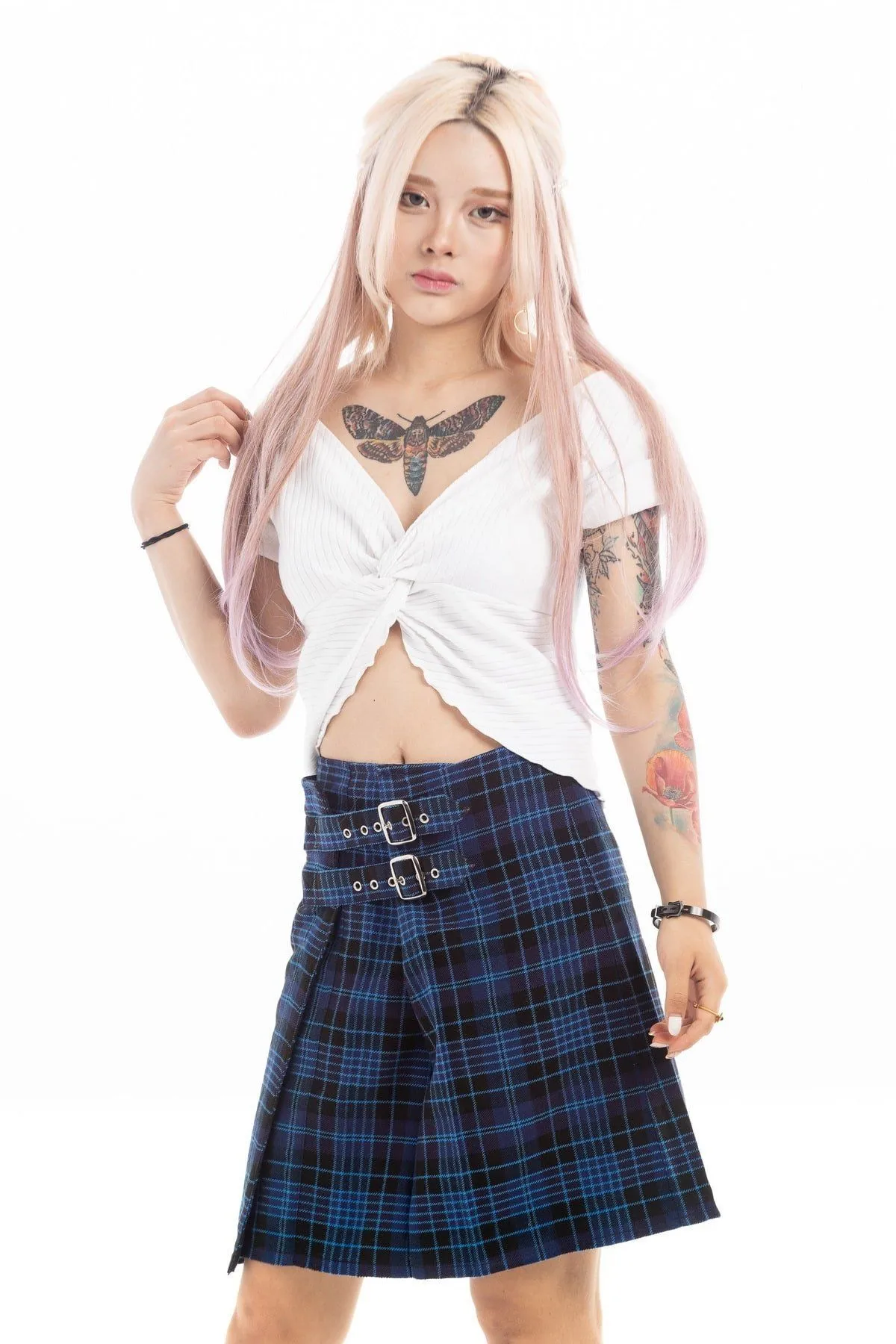 Dual-Buckle Plaid Mini Skirt