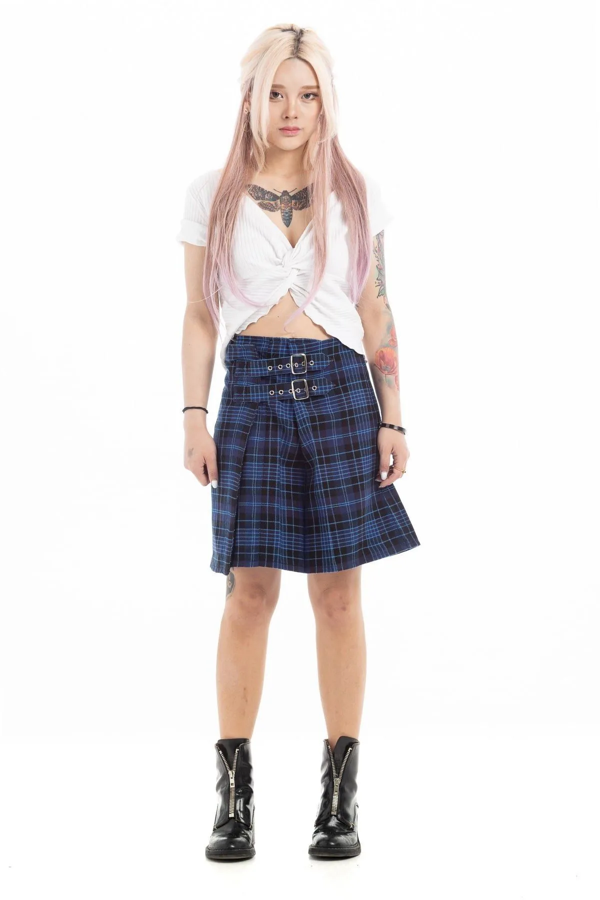 Dual-Buckle Plaid Mini Skirt