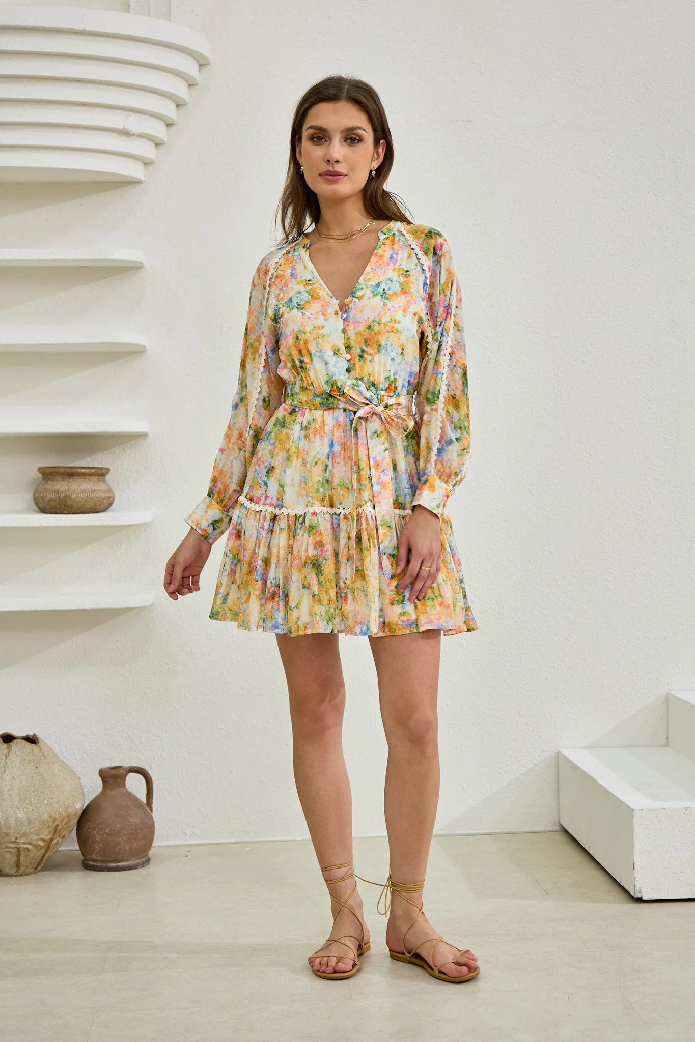 Elysia Yellow Floral Long Sleeve Mini Dress