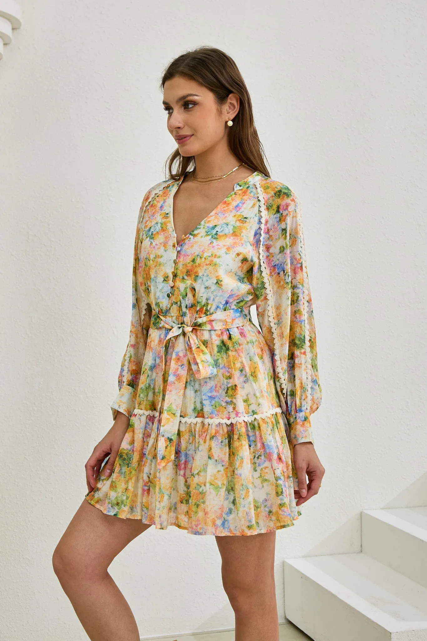 Elysia Yellow Floral Long Sleeve Mini Dress