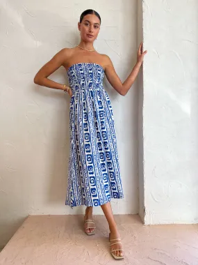 Faithfull the Brand Musee Midi Dress in Island Print Pacific Blue