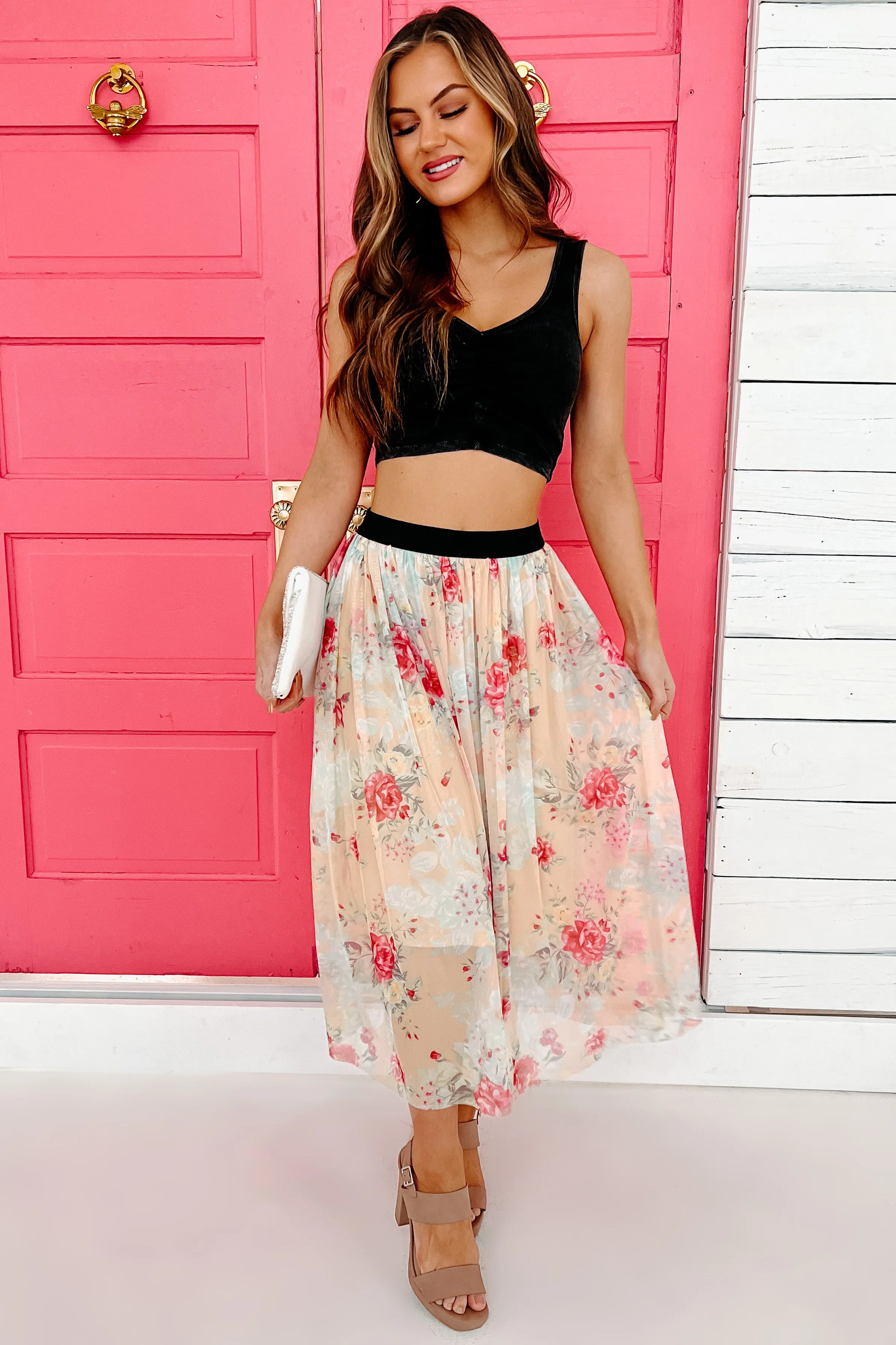 Floral Fixation Floral Midi Skirt (Peach)