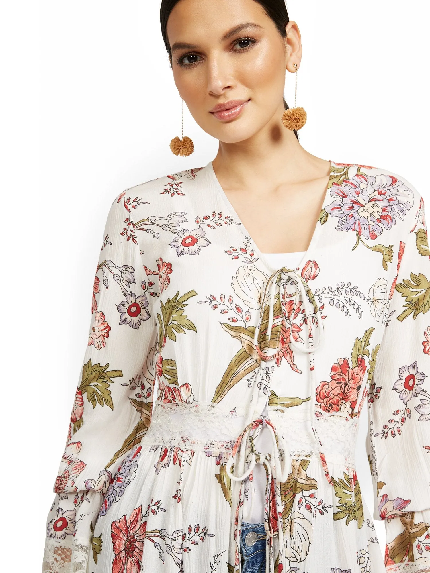 Floral-Print Sheer Lace-Up Kimono Top