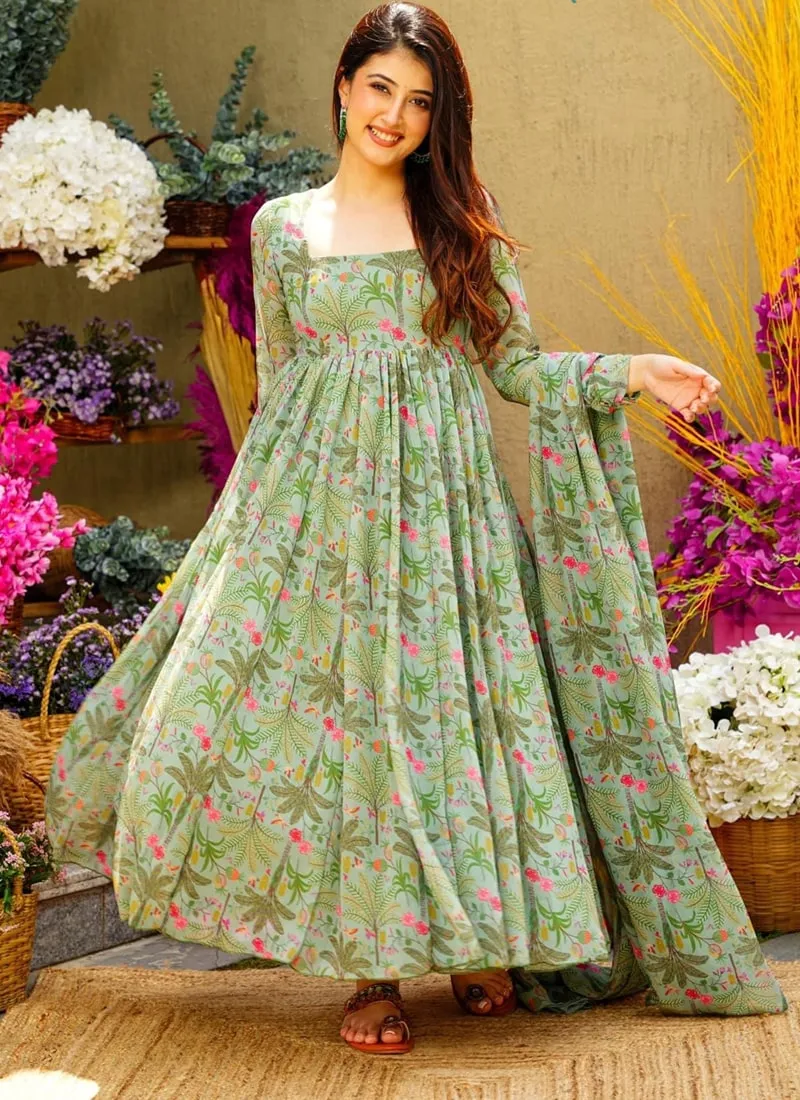 Floral Printed Alia Cut Gown in Soft Muslin Silk