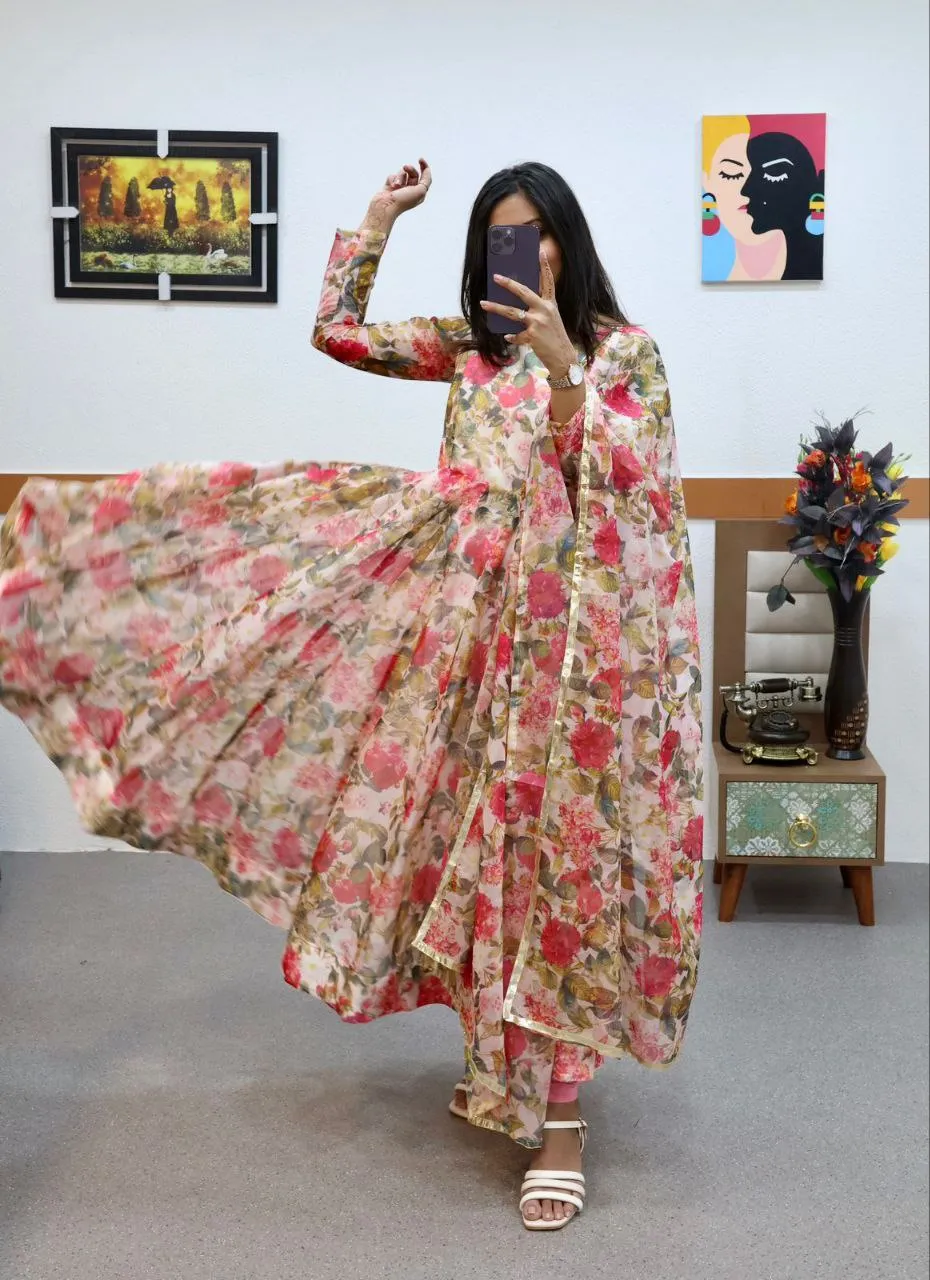 Floral Printed Organza Anarkali Gown