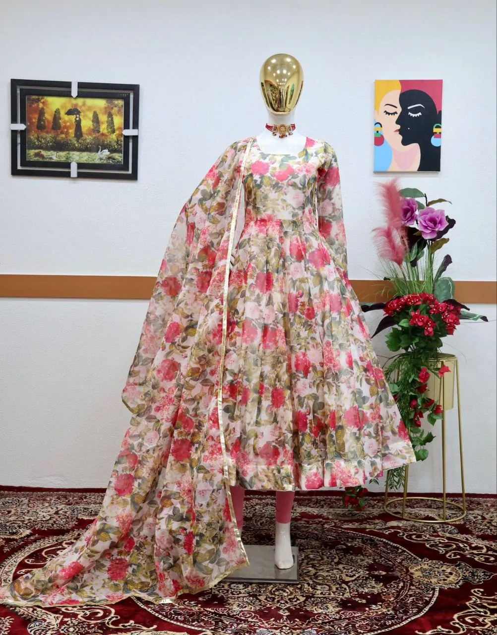 Floral Printed Organza Anarkali Gown