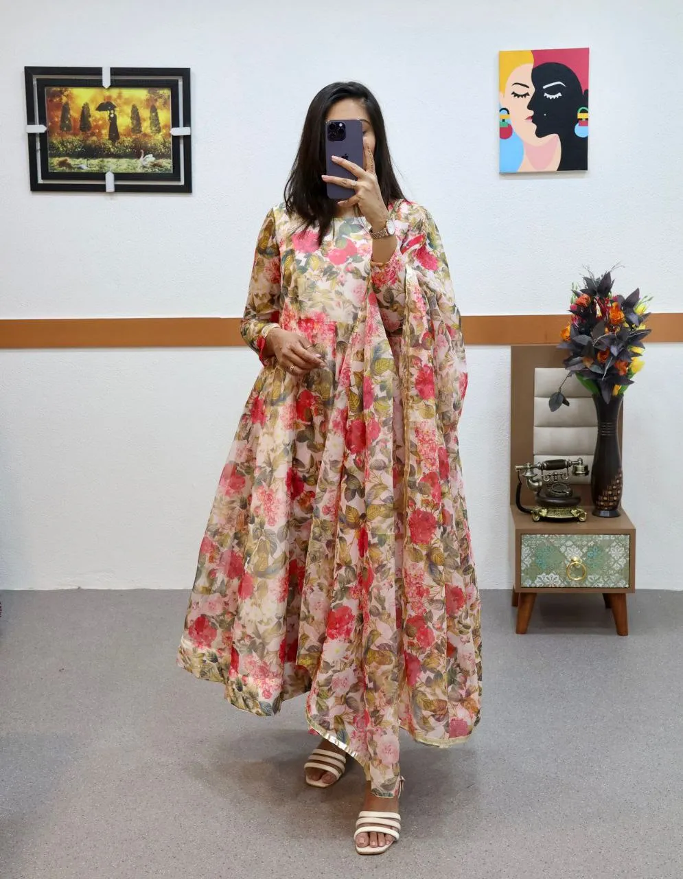 Floral Printed Organza Anarkali Gown